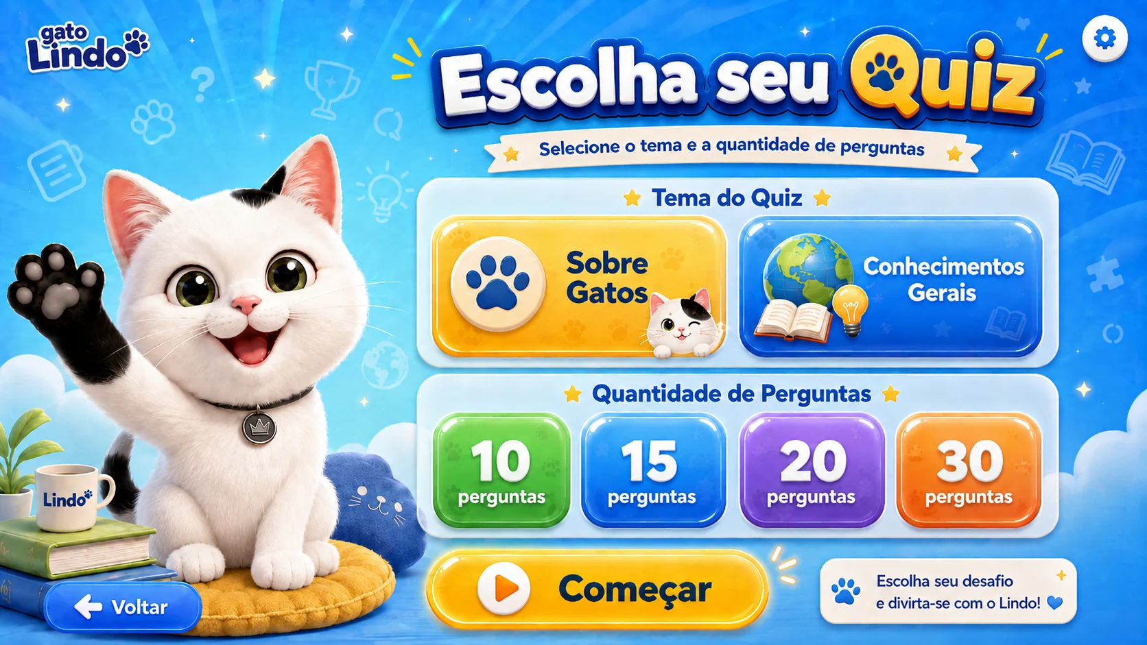 Tela de seleção do Quiz do Lindo